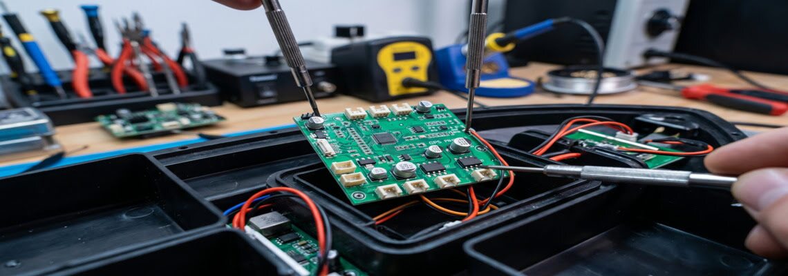 Розібраний кораблик Flytec у процесі встановлення плати автопілота та антени ехолота
