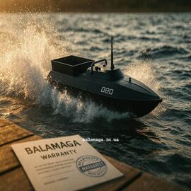 Силовой прикормочный кораблик D80 с GPS автопилотом на фоне водоема гарантийного талона Balamaga 