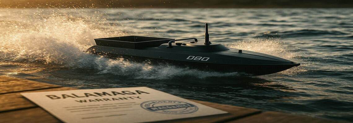 Силовий підживлювальний кораблик D80 з GPS автопілотом на тлі водоймища гарантійного талону Balamaga
