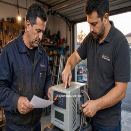 Як переключити напругу 220В на 230В на стабілізаторі Heya HYIS 10KVA Чоловік у гаражі намагається переключити стабілізатор напруги Heya HYIS-10KVA з 220V на 230V за інструкцією
