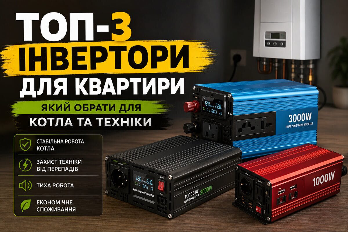Три моделі сучасних інверторів з чистим синусом на столі в інтер'єрі квартири