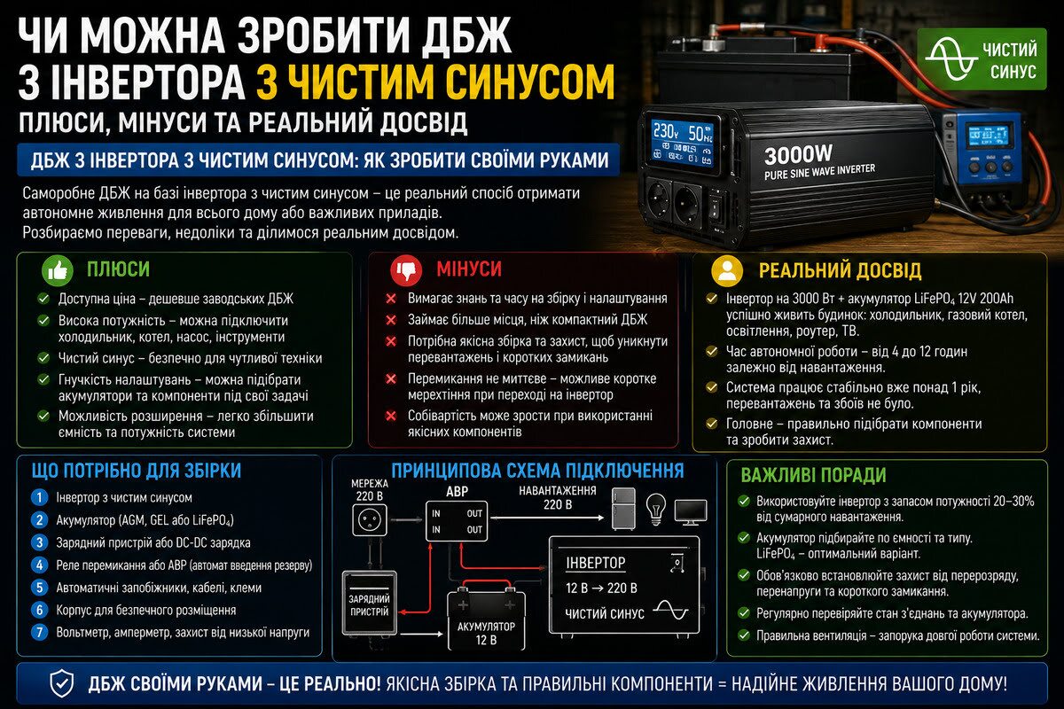 Інвертор 3000 вт із чистим синусом підключений до схеми ДБЖ