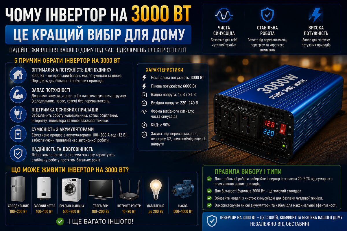 Преобразователь 3000 Вт с чистой синусоидой в работе.