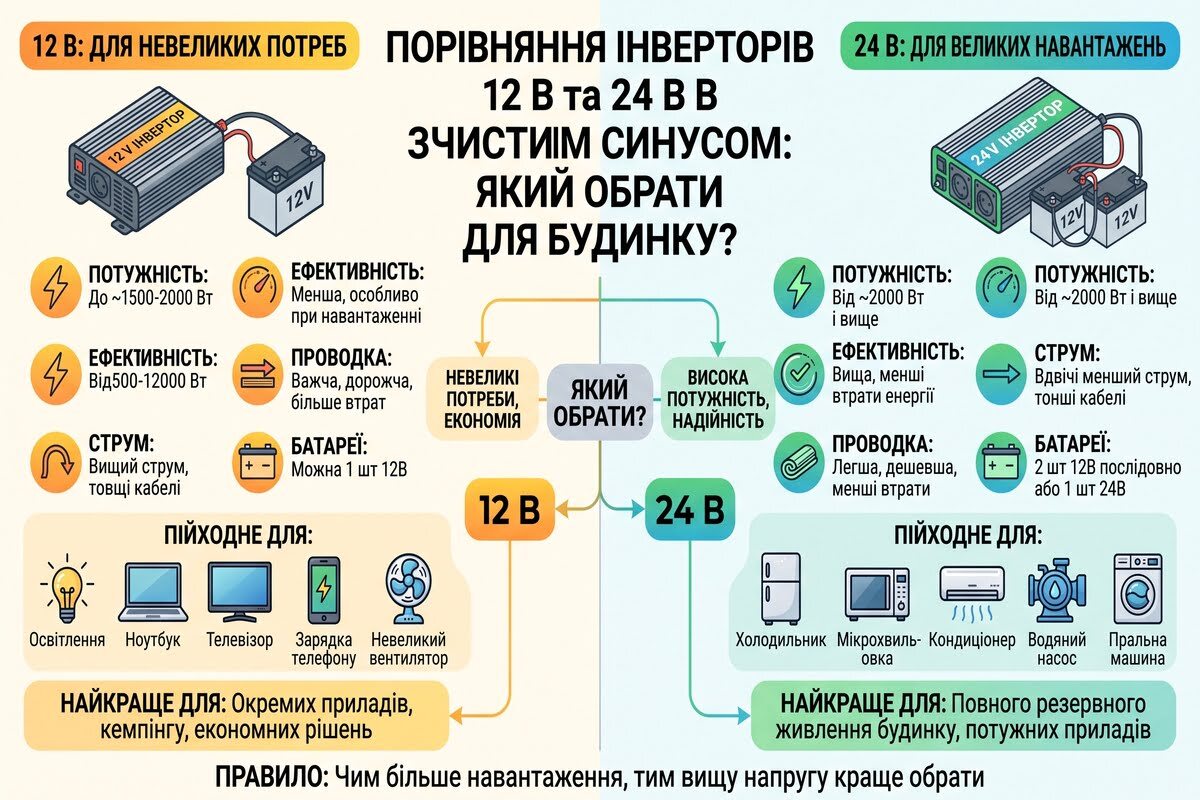 Порівняння інверторів 12В та 24В з чистим синусом