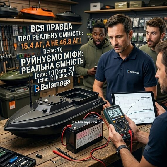 Руйнуємо міфи: тестування та перевірка реальної ємності акумулятора 15.4 Аг замість 46.8 Аг для прикормочного кораблика D80 GPS від експертів Balamaga.