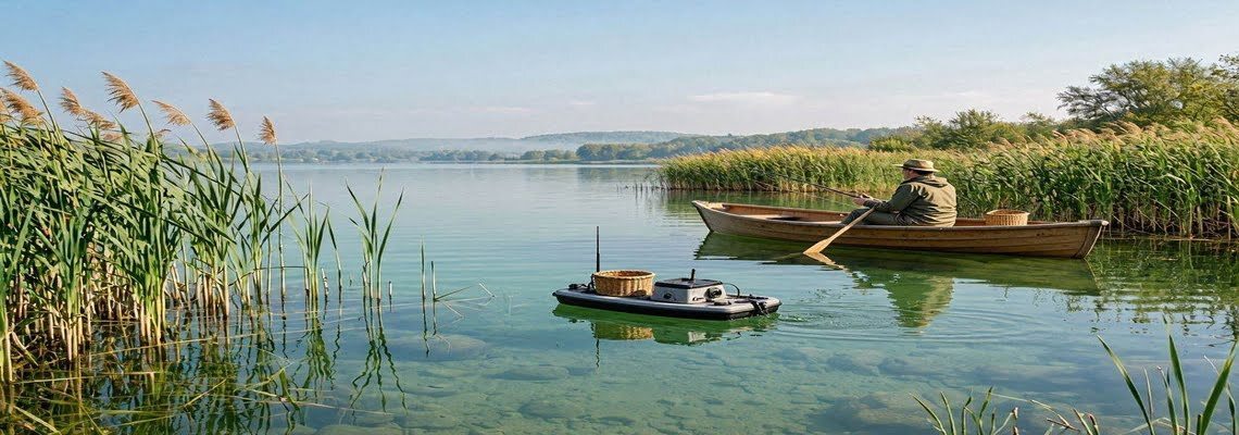 Чисте прозоре озеро в Україні з очеретом та прозорою водою для еко риболовлі