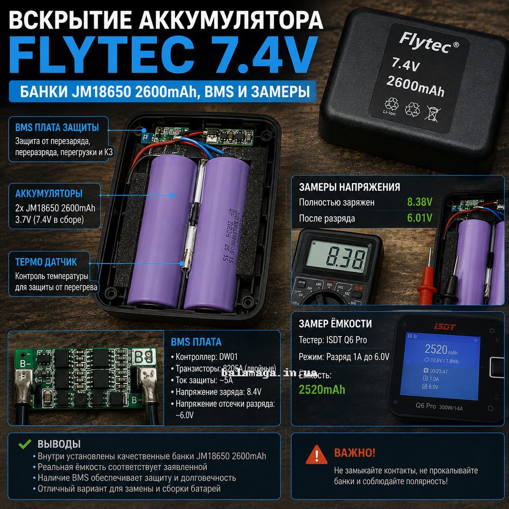 Разбор аккумулятора Flytec 7.4V реальная емкость банки JM18650 и плата BMS Что внутри аккумулятора Flytec 7.4В банки по 18650 ам/ч