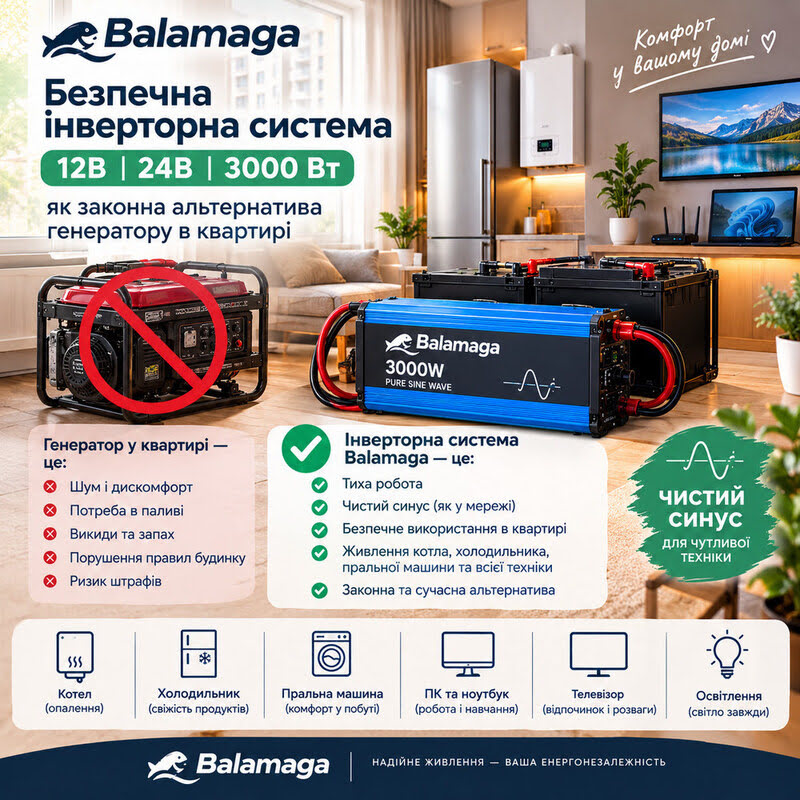 Безпечна інверторна система 12В 24В 3000 Вт як законна альтернатива генератору в квартирі