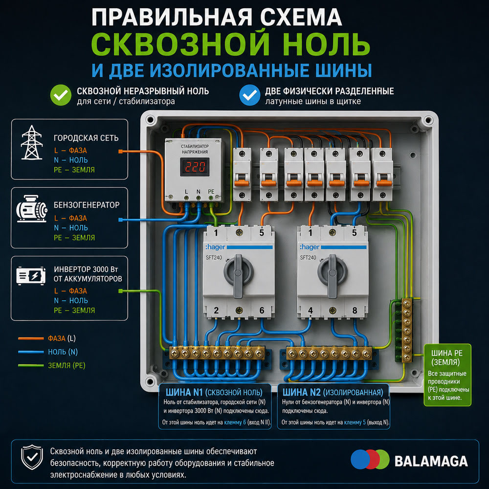 Правильная схема сквозного нуля и две изолированные шины