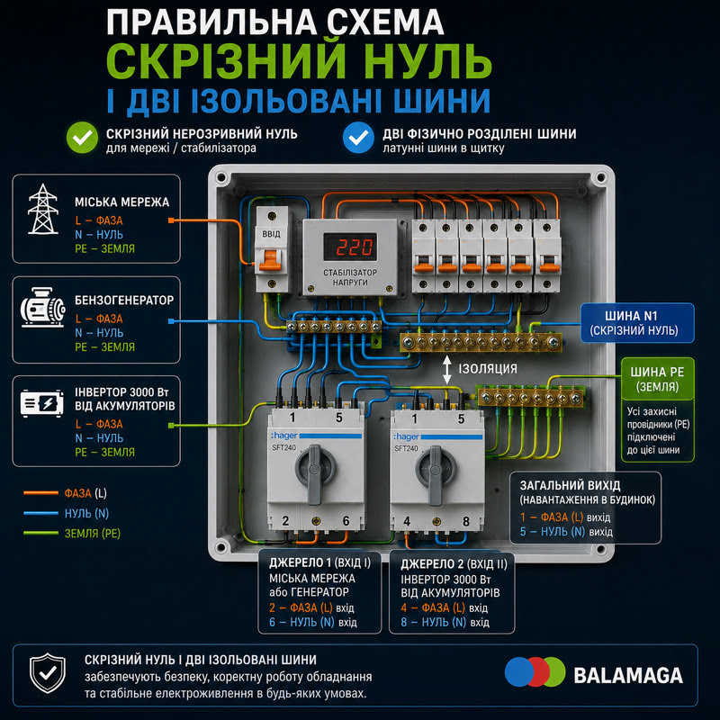 Правильна схема наскрізного нуля та дві ізольовані шини